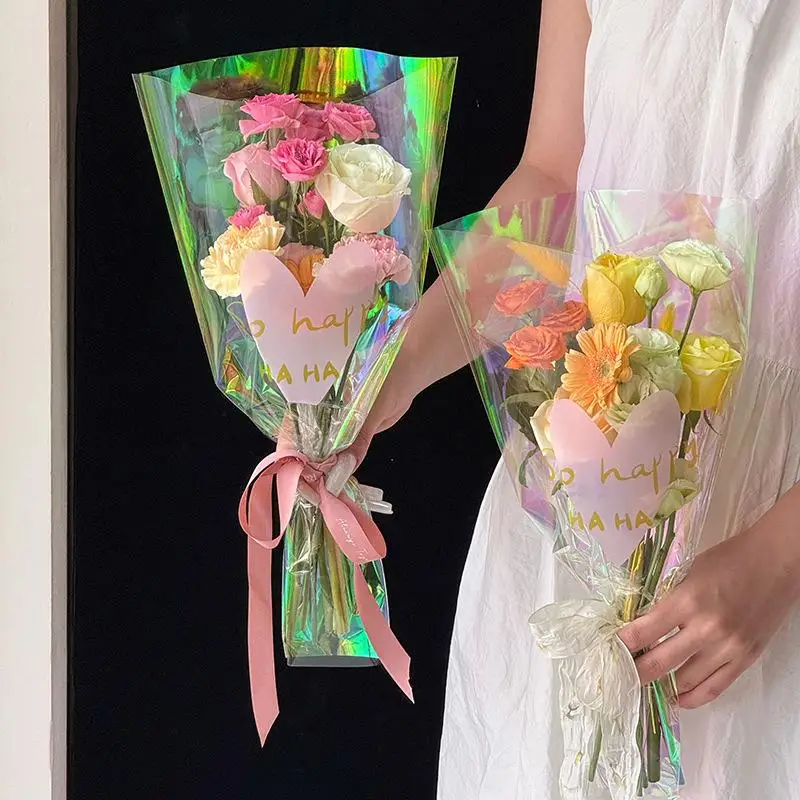 30Pcs Colorful Transparent Flower Packaging Bag Waterproof Laser Love Bouquet Packaging Paper Straight Bag Bouquet Packaging