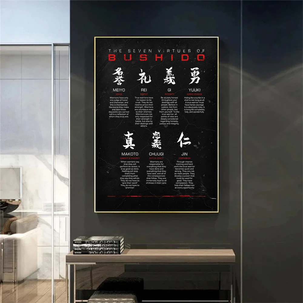 Japanese Seven Virtues Of Bushido Black Prints Poster Canvas Painting Modern Wall Art Picture For Living Room Bedroom Home Decor