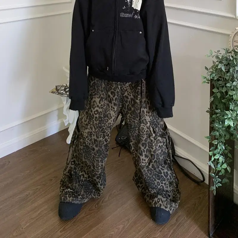 Houzhou Tan Luipaard Cargo Broek Mannen Y 2K Parachute Oversized Wijde Pijpen Herenstreetwear Hiphop Harajuku Dierenprint