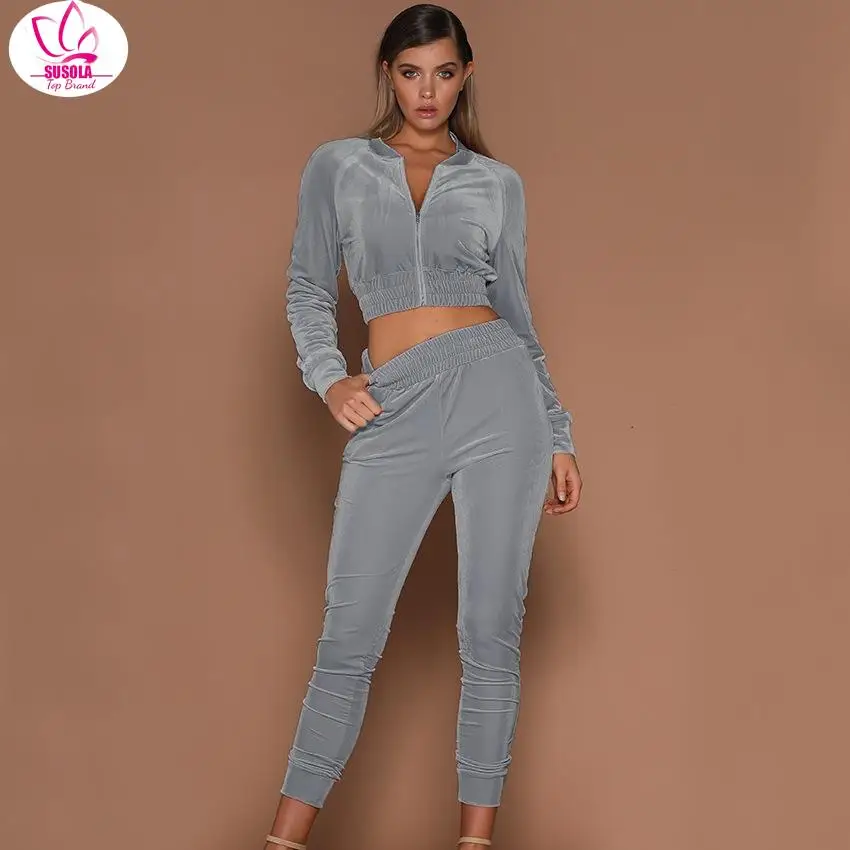 Velvet Tracksuit 2 Two Piece Set Women Zipper Hoodies Crop Top + Wide Leg Pants Sweatsuits Jogging Femme Velour Mujer Lady y2k