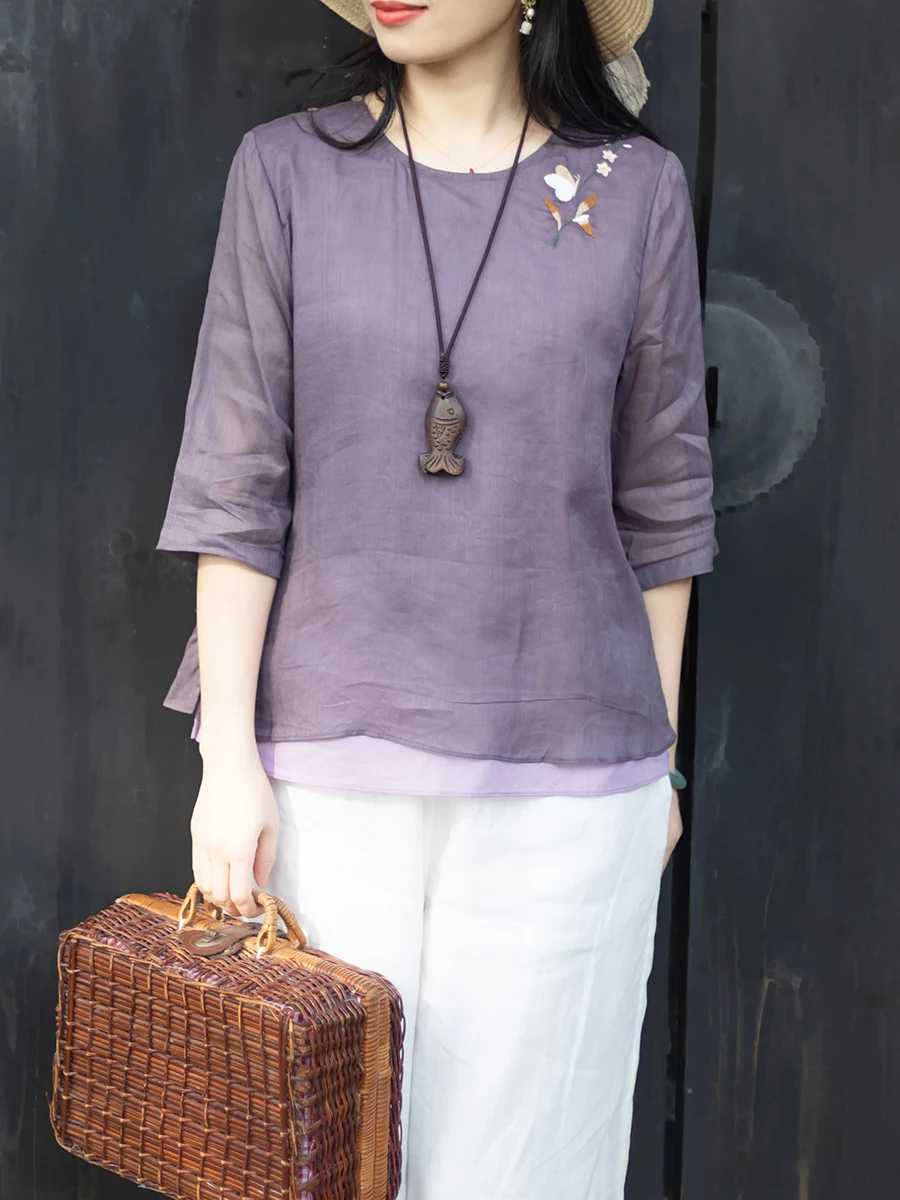 

Retro round Neck Embroidered Cotton Linen Shirt Women's Loose Fit Five Sleeve Lightweight Breathable Sun Protection Summer Top