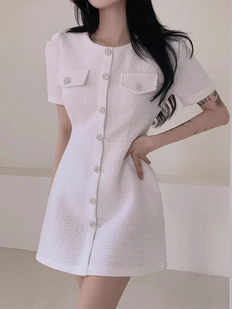 South korea Chic Summer Sweet Graceful round Neck Chic Single Breasted Slim fit Slimming Puff sleeve Dress Short dress