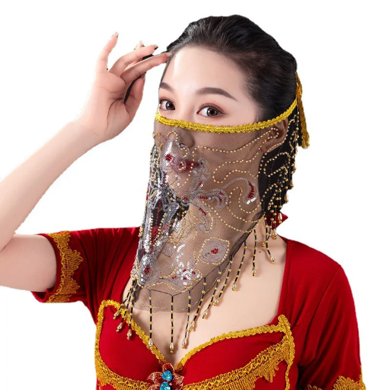 Halloween Exotic Costume Belly Dance Veil Oriental Dancing Gauze Hanfu Female Tassel Veil Mask Carnival Sexy