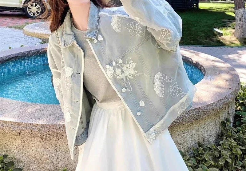 

Lace Embroidery Patchwork Denim Jacket for Women Spring and Autumn Romantic Retro Trendy Top Jacket
