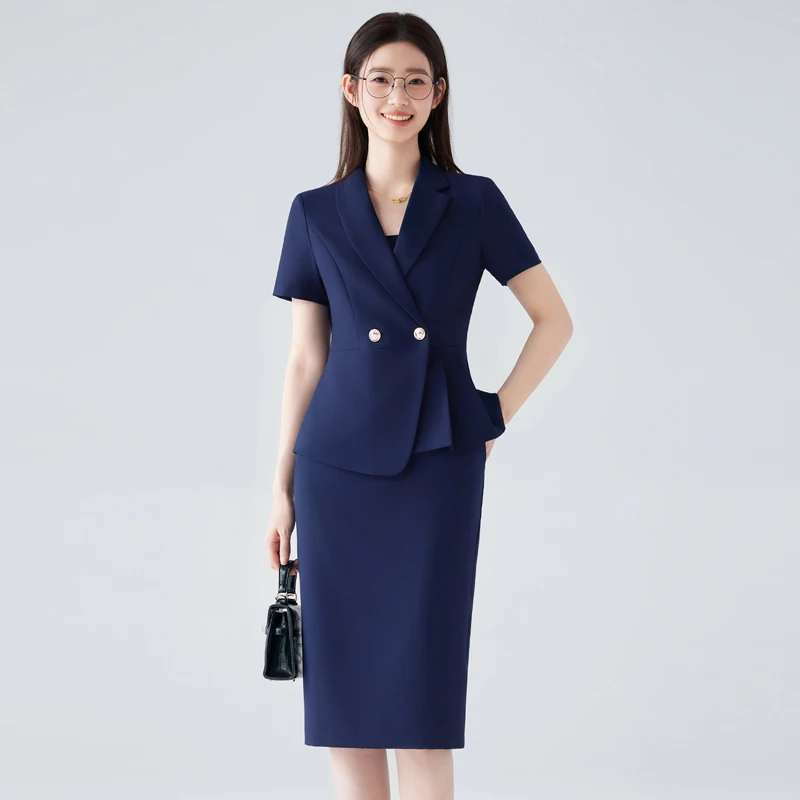 Navy Blue Short-Sleeved Suit Set with Pants for Summer 2026 Business Managers Lawyers Defense Attorneys Professional Casual Wear