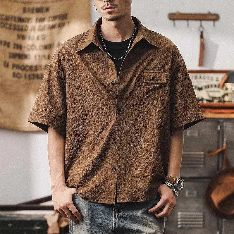 

Новинка 20%, мужская винтажная рубашка с коротким рукавом Y2K, повседневные дышащие футболки-карго большого размера, летние уличные модные коричневые рубашки