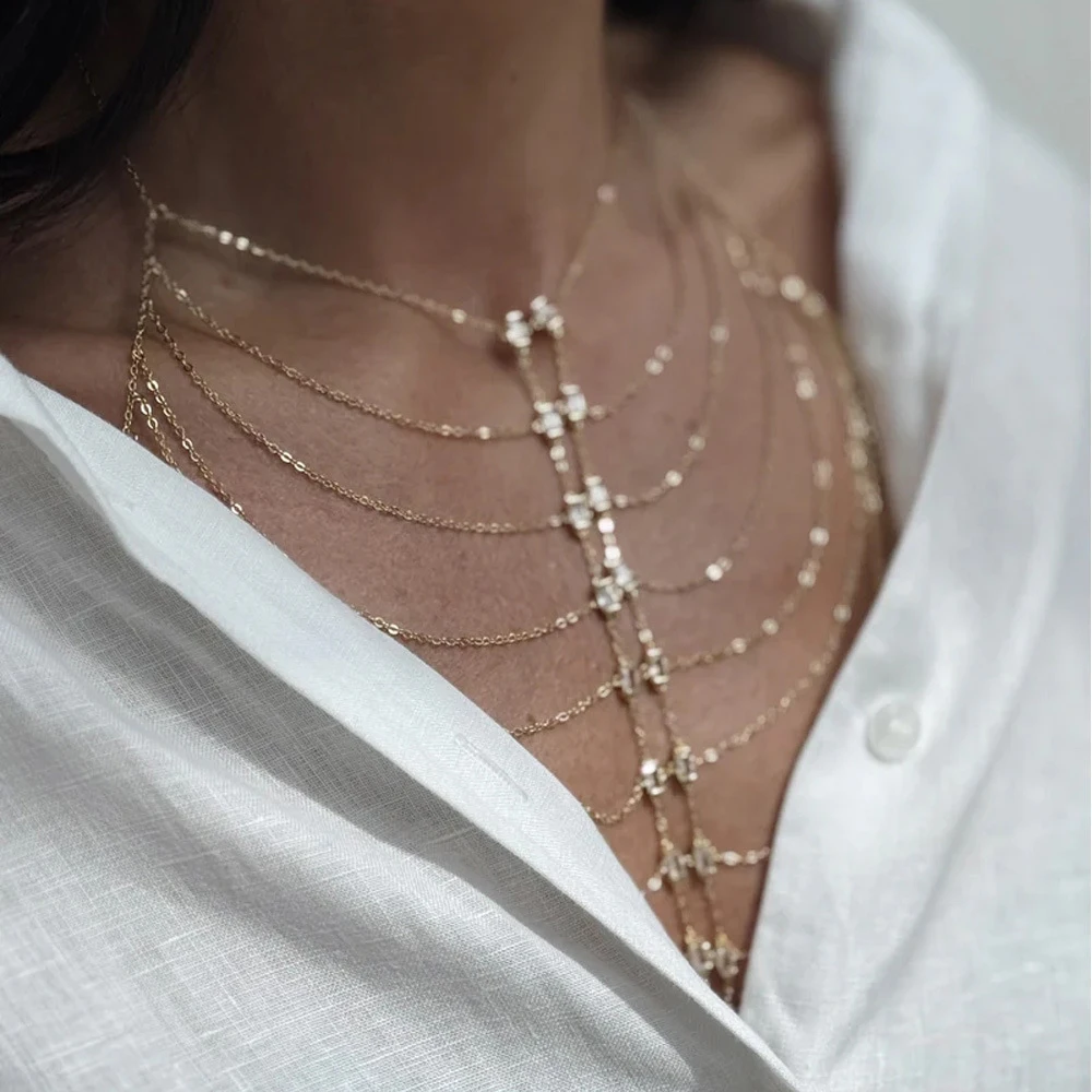 Simple Green Multilayer Chest Chain Top Bikini Lingerie for Women Summer Sexy Square Rhinestone Bra Chain Party Body Accessories