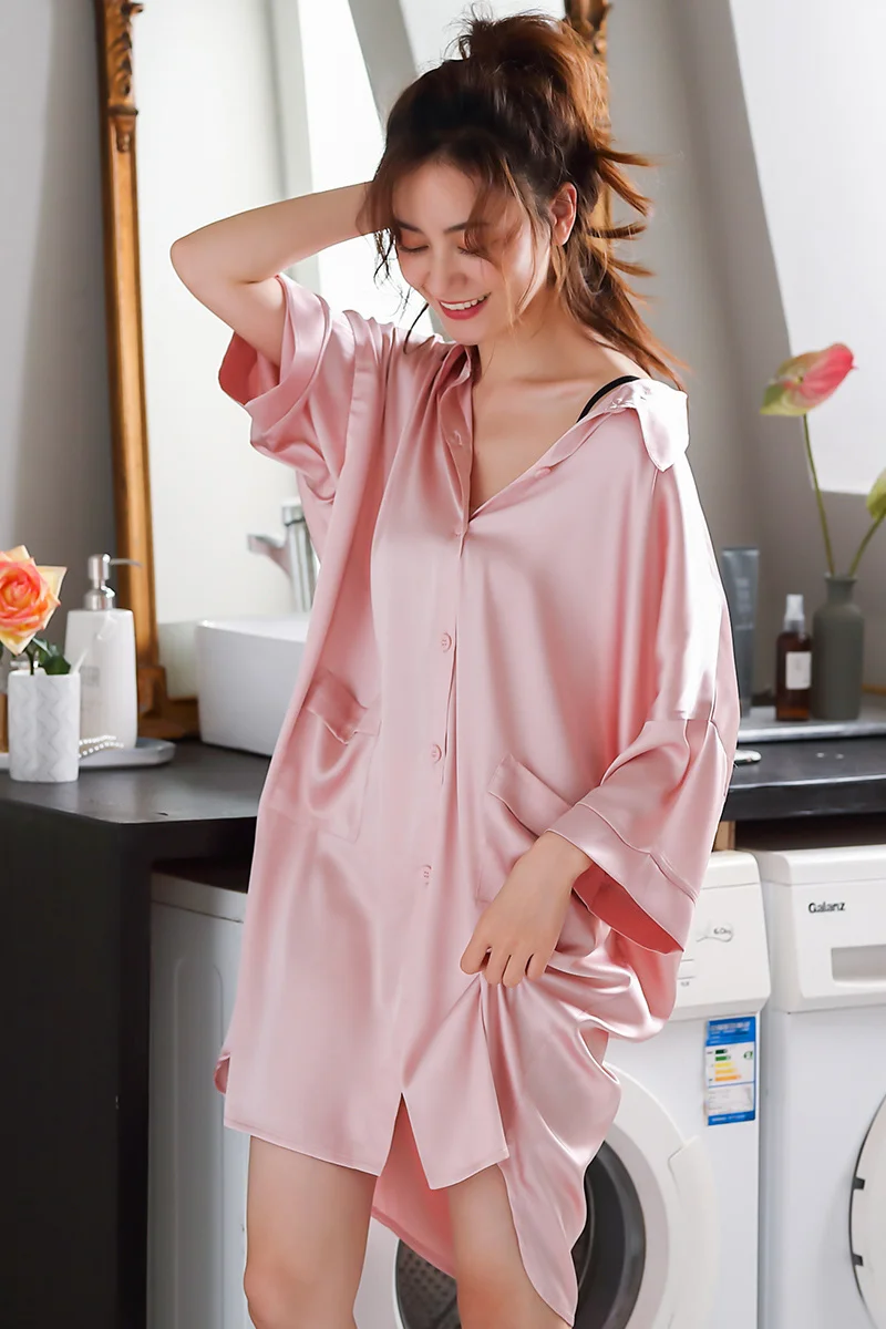 Pajamas Ice Silk Nightdress Women\'s Summer Thin Skirt Spring and Summer Real Silk Sexy White Shirt plus Size Plump Girls Pregnan