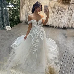 Elegant A Line Wedding Dress Sweetheart Brilliant Tulle Lace Applique Off Shoulder Bride Gown With Court Train فستان الزفاف