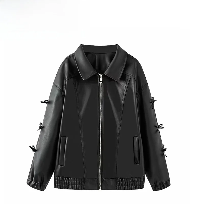 봄 새로운 스타일 여성 패션 나비 매듭 가죽 자켓 가을 겨울 유행 하이 엔드 느낌 틈새 겉옷