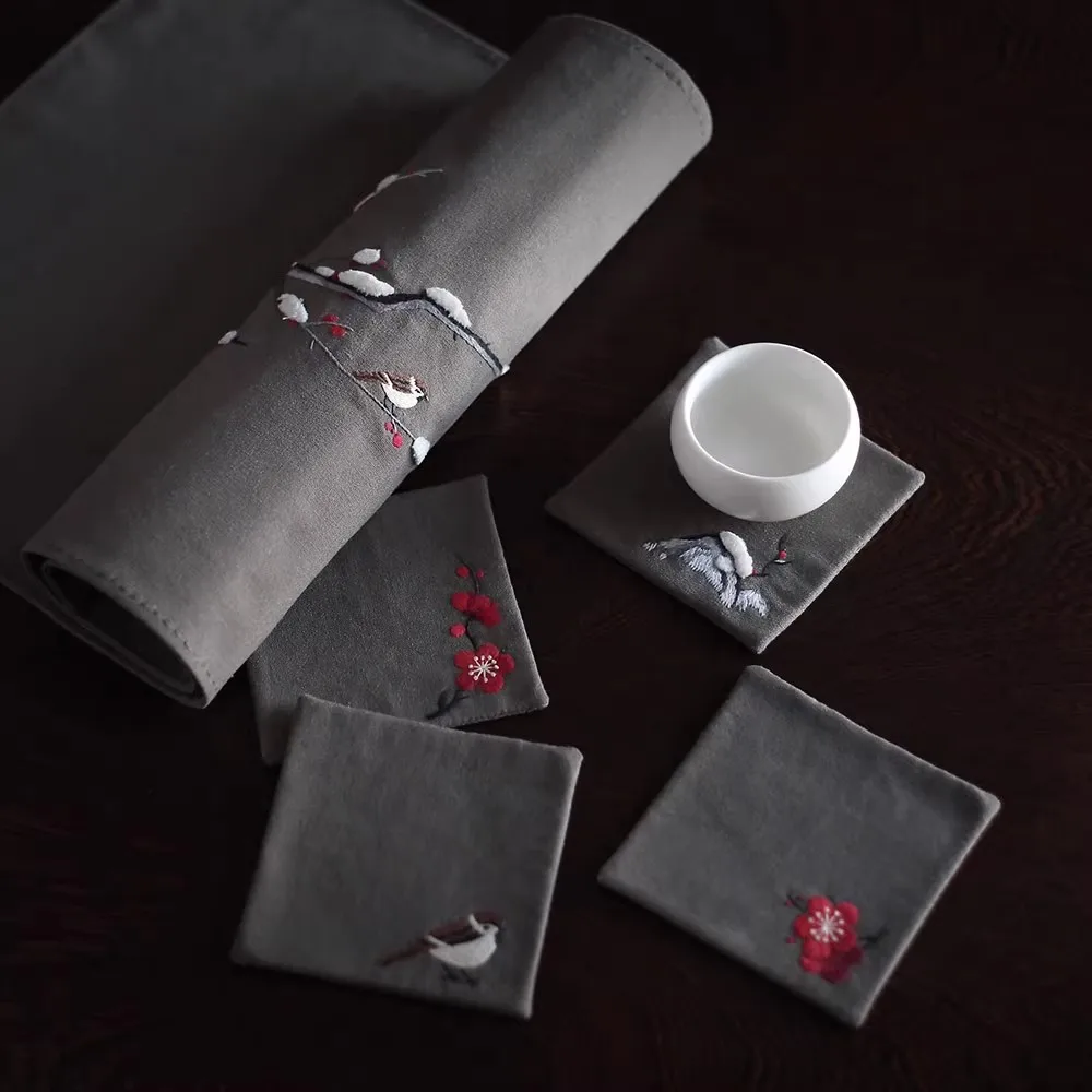 Chinese Style Plum Blossom Tea Table Mat Coaster DIY Embroidery Kit, Pre-Printed Linen Cloth for Tea Ceremony