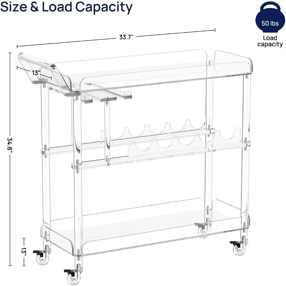 Carrinho de bar acrílico com 4 rodas com fechadura, carrinho de serviço transparente com rack de vinho e rack de vidro para casa, cozinha, restaurante