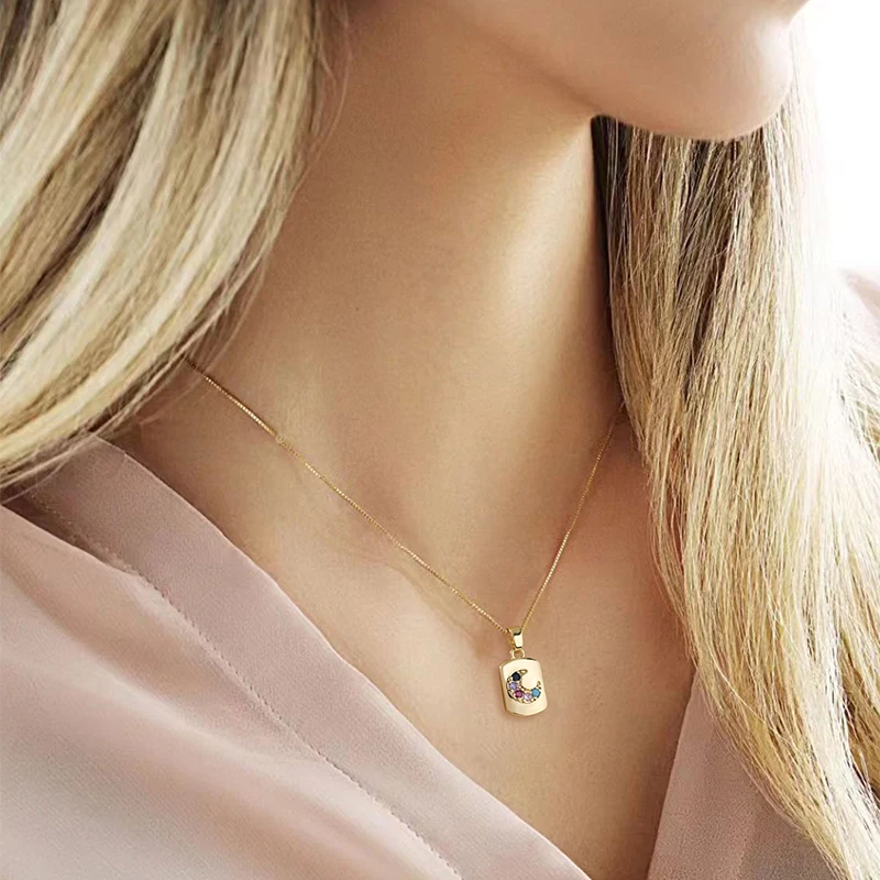 

Venetian Chain Square Color Moon Zircon Pendant Necklace Vacation Party Concert Classic Fashion Versatile Sweet Romanti Necklace