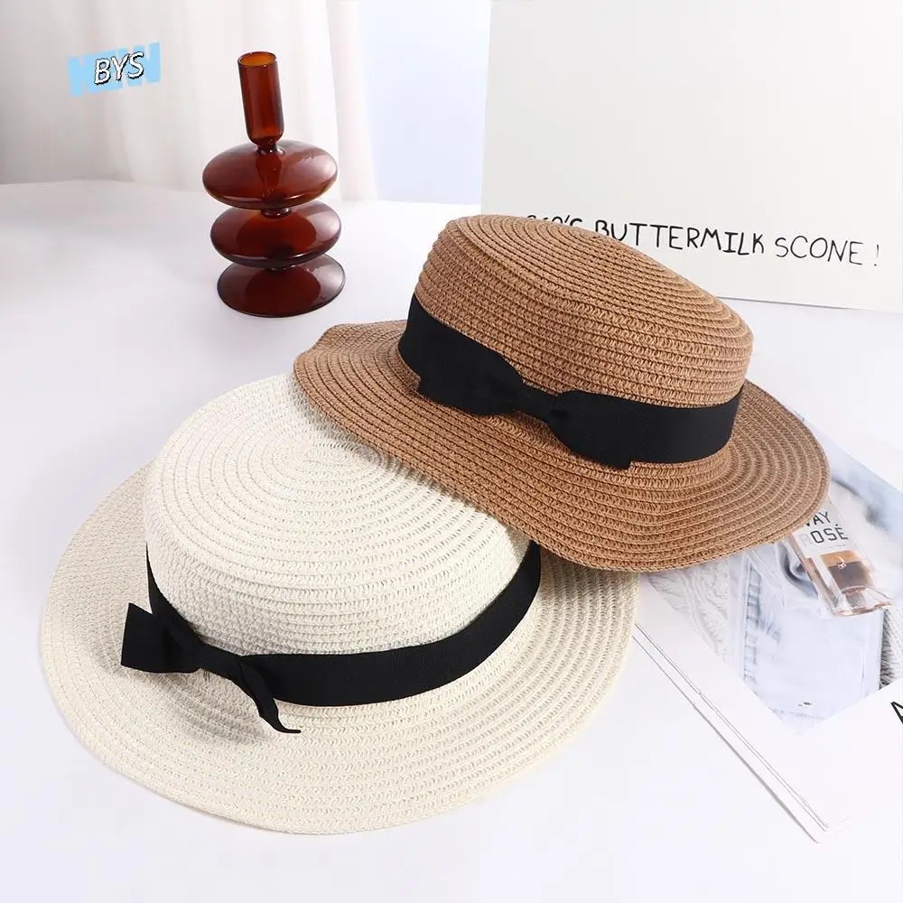 

Holiday Fashion Bowknot British Style Flat Hat Sunscreen Handmade Straw Hat Top Hat Weave Sun Cap Sun Hat