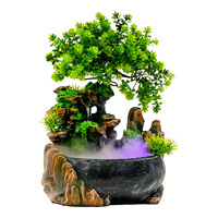 Atomizing Tabletop Fountain Ornament with LED Light Artificial Resin Rockery Tree Waterfall Desktop Bonsai for Home Office Decor