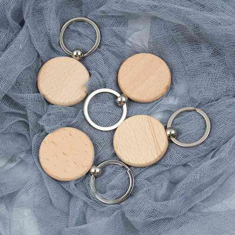 Hot-A39R-50Pcs Blank Round Wooden Key Chain Diy Wood Keychains Key Tags Can Engrave Diy Gifts