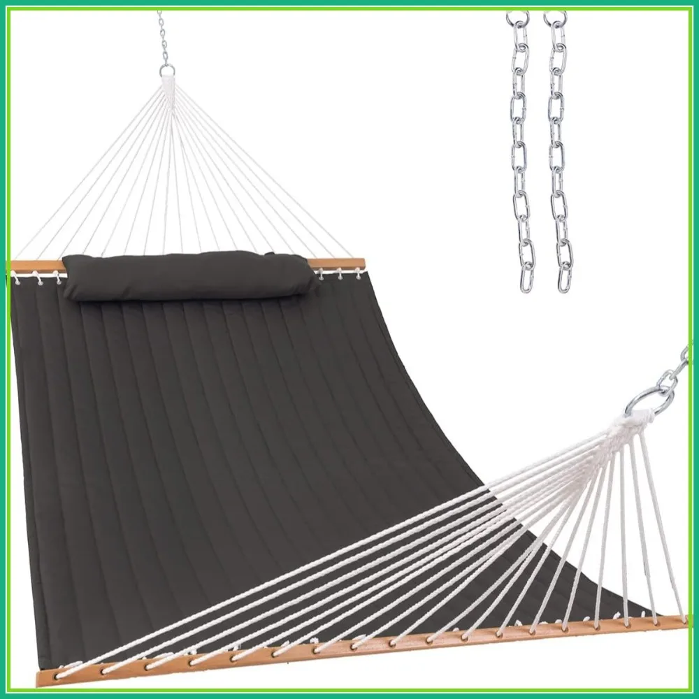 

12 FT Double Hammock with Spreader Bar & Detachable Pillow, 2 Person, 450 lbs Capacity, Gray for Patio Poolside Backyard Beach