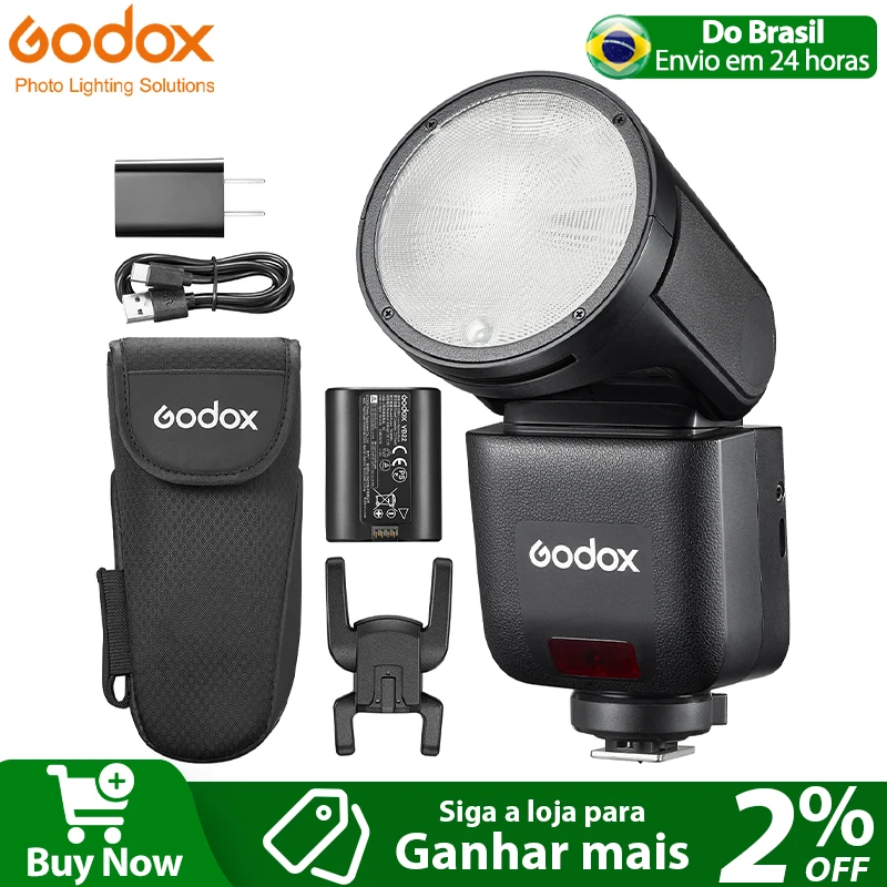 Flash de Câmera Godox V1 Novo do Brasil, Speedlite de Velocidade Média com Bateria de Íons de Lítio e Cabeça Redonda, TTL Sem Fio para Canon, Sony, Nikon, Fuji, Olympus