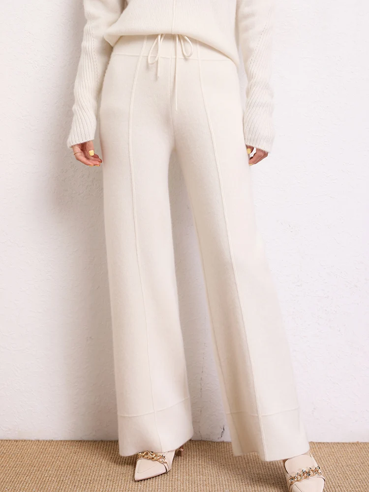 TLOML Women 100% Cashmere Knitwear Middle Vertical Stripe Wide Leg Pants Autumn Winter Soft Warm Casual Comfy Cashmere Trousers