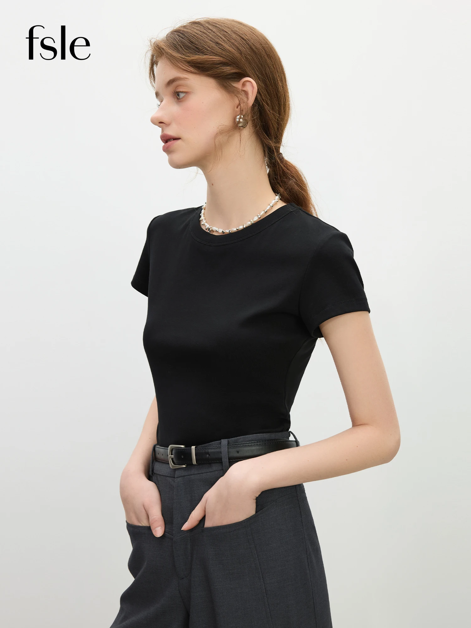 FSLE MInimalism Style Pink Straight Shoulder Short-sleeved T-shirt for Women 20… - Image 2