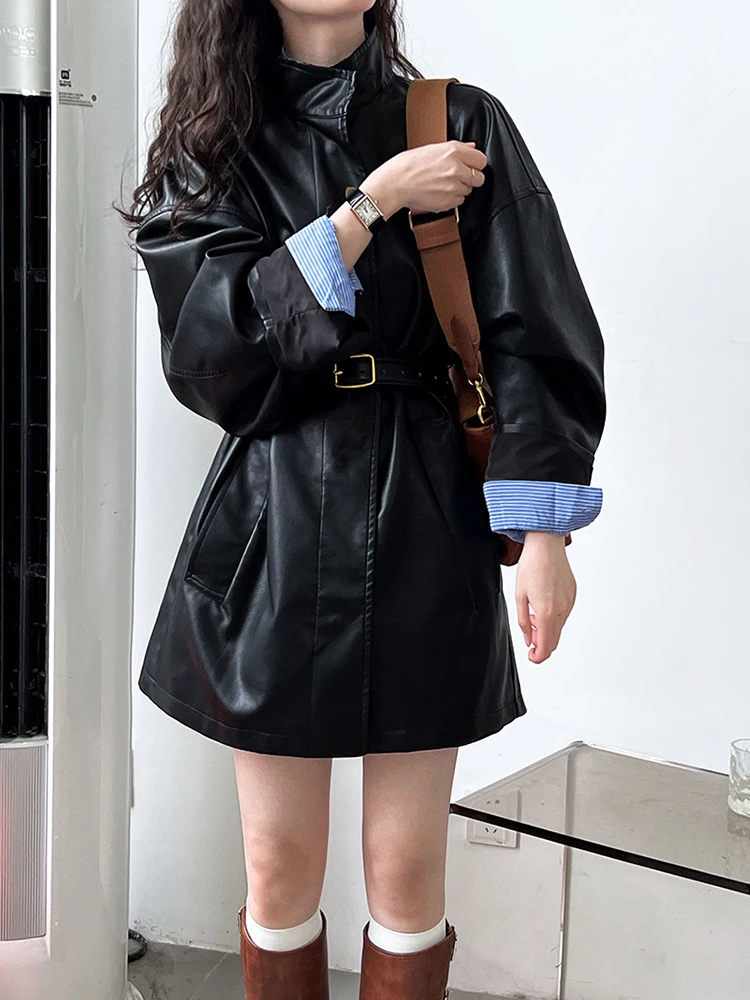 [EAM] Loose Fit PU Leather Black Big Size Long Jacket New Stand Collar Long Sleeve Women Coat Fashion Spring Autumn 2024 1DH1637