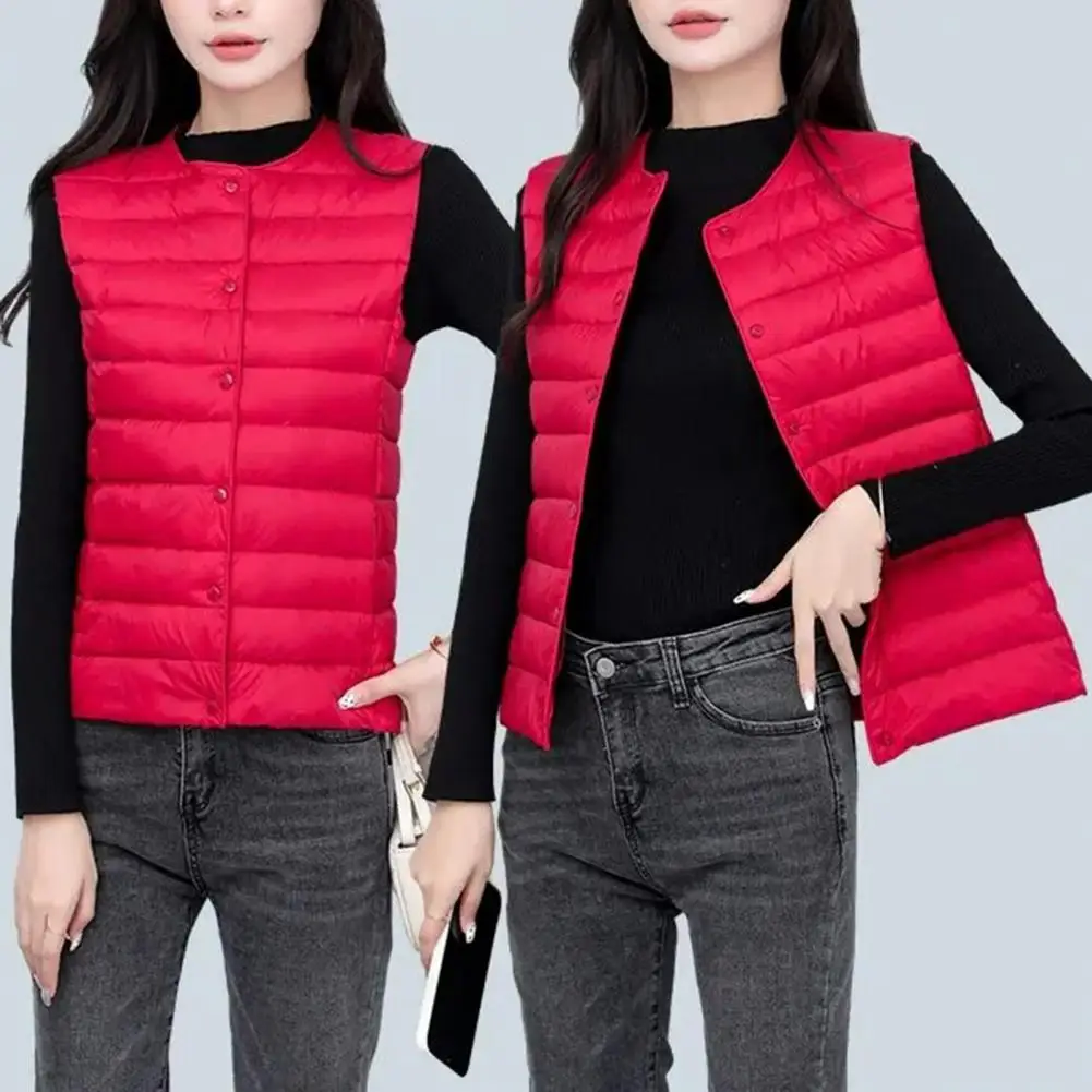 1Pc Women Cotton Vest Single-breasted Round Neck Vest Stylish Women's Winter Cotton Coat with Thickened Padding for Cold Weather