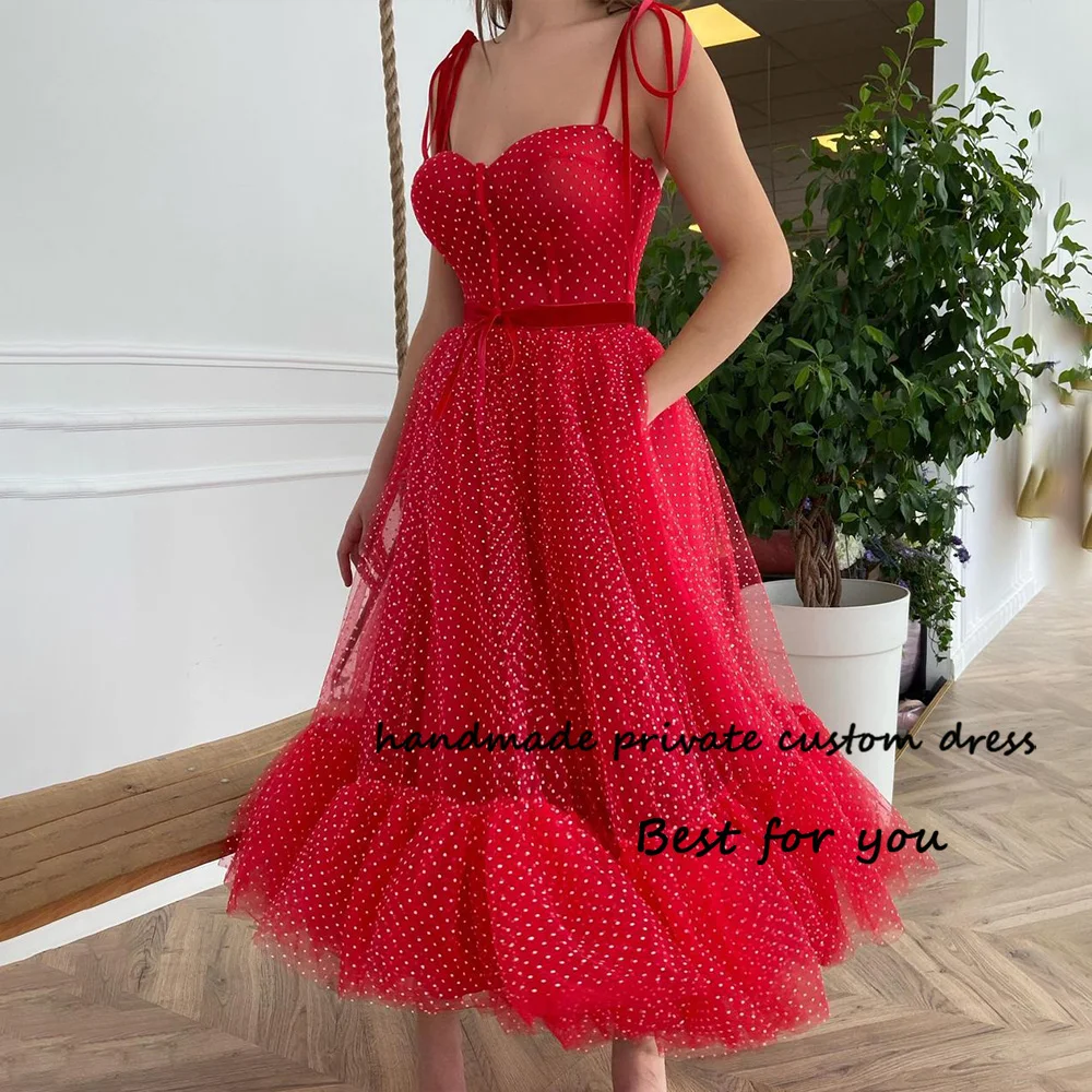 

Red Dotted Tulle A Line Prom Party Dresses Spaghetti Straps Corset Sweetheart Fairy Evening Dress Tea Length Graduation Gowns