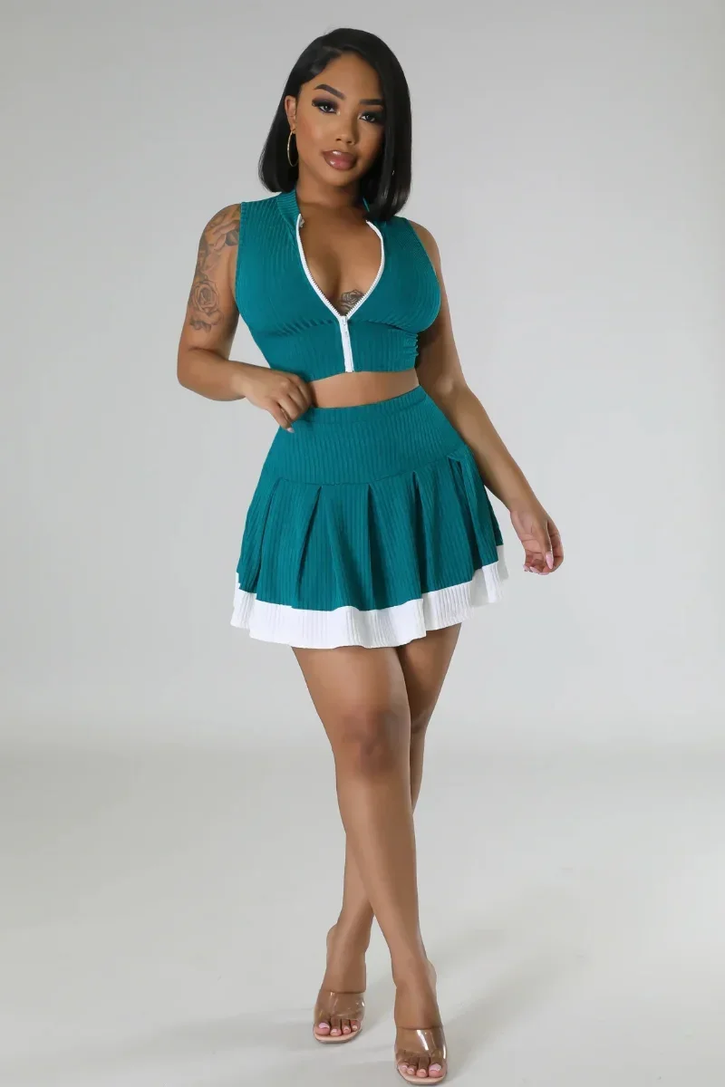 

KEXU Knit Ribbed Sexy Dress Set Tennisball Women Two 2 Piece Set Outfits Sleeveless Zipper Top and Pleated Mini Skirt Suit