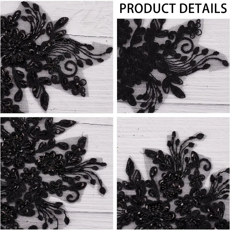 2Pcs Pearl Flower Embroidery Lace Patches 3D Floral Black Floral for Headpiece Clothing Bridal Accessories Supply Craft DIY