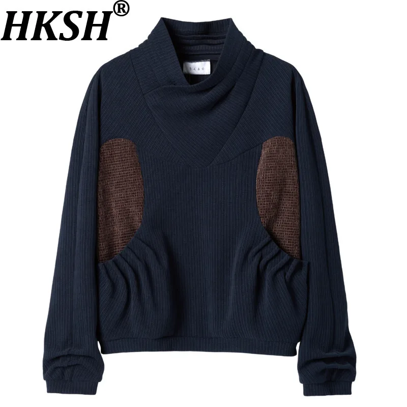HKSH Spring Autumn Winter Men Pleated Deconstructed Patchwork Contrast Color Sweatshirt Niche Design Textured Knit Tops HK18512
