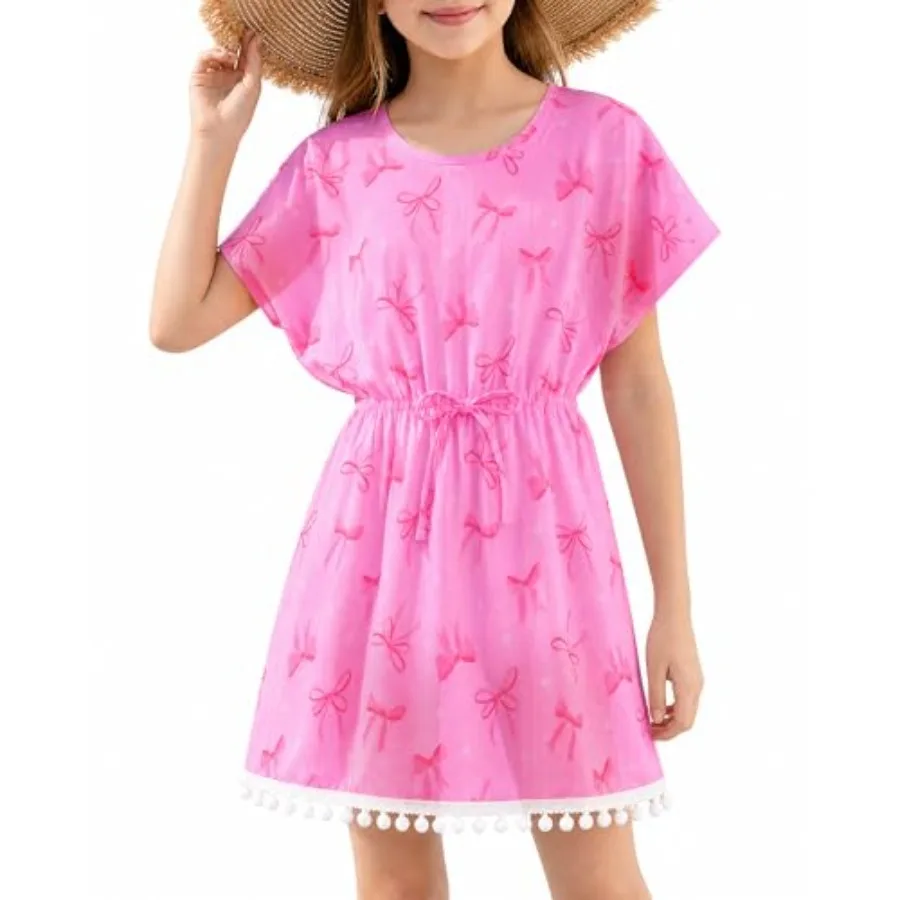 Girls Swim Cover Up Beach Dress Bathing Suit Chiffon Swimsuit Coverups Cute Swimwear with Pom Pom Trim