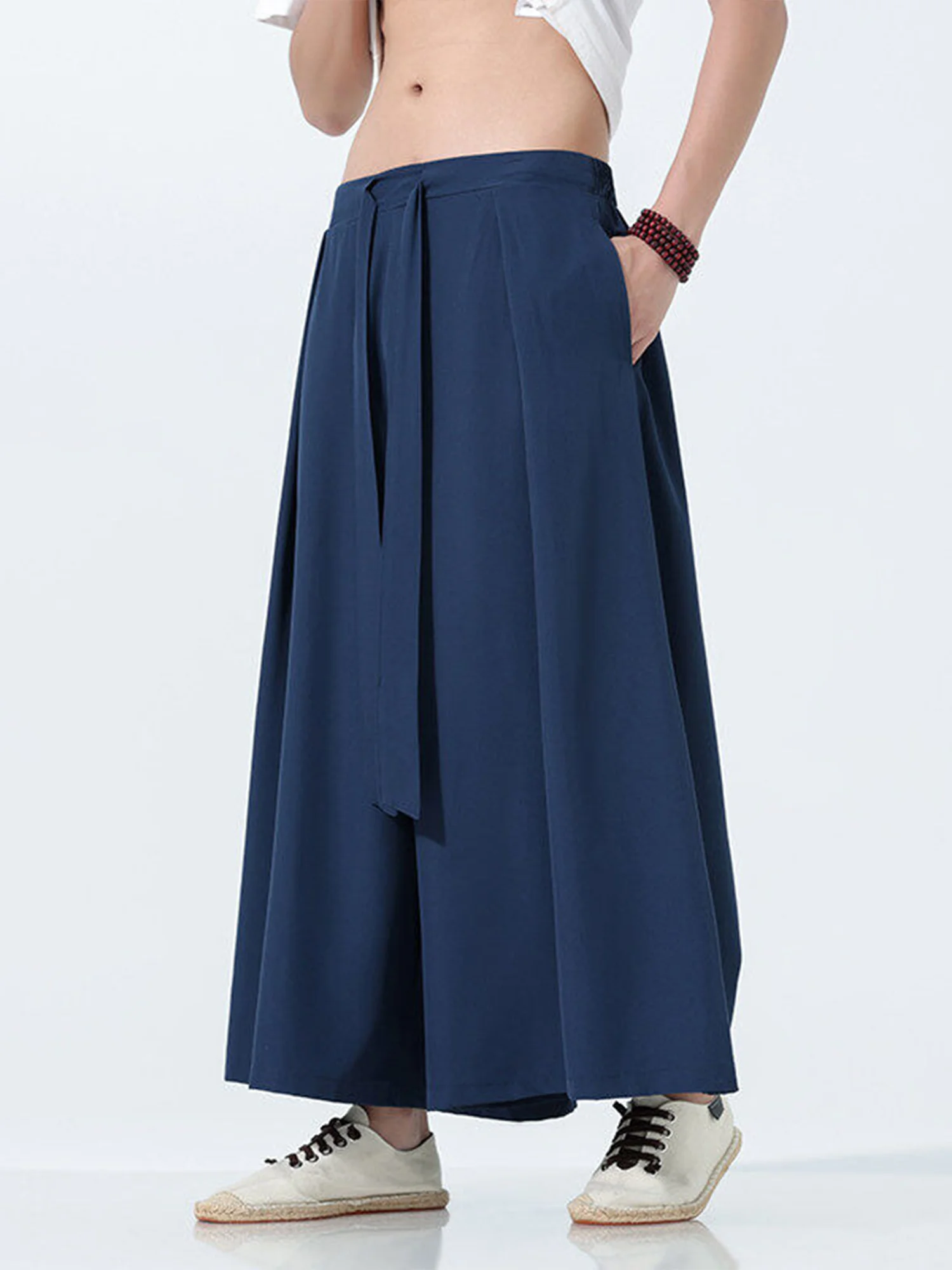 

Новые китайские брюки из ледяного шелка с широкими штанинами для мужчин, летние, тонкие, прямые, свободные, струящиеся, в стиле самурая, больших размеров, повседневные брюки