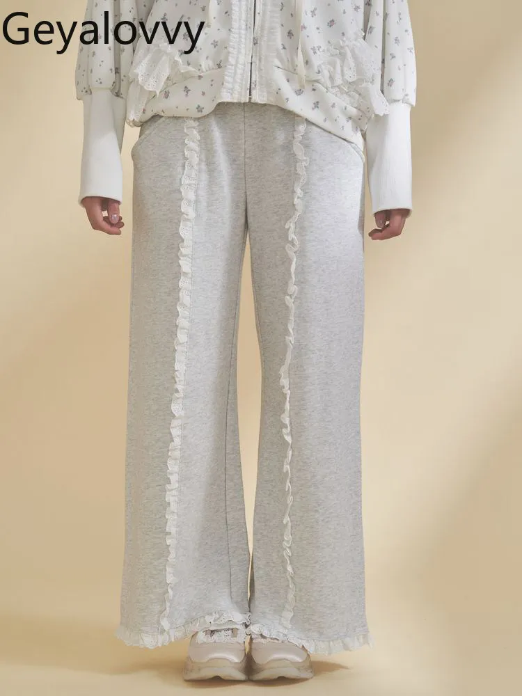 

Новые повседневные прямые брюки в японском стиле для девочек с кружевными оборками, эластичной высокой талией, универсальные свободные спортивные штаны 2026 года