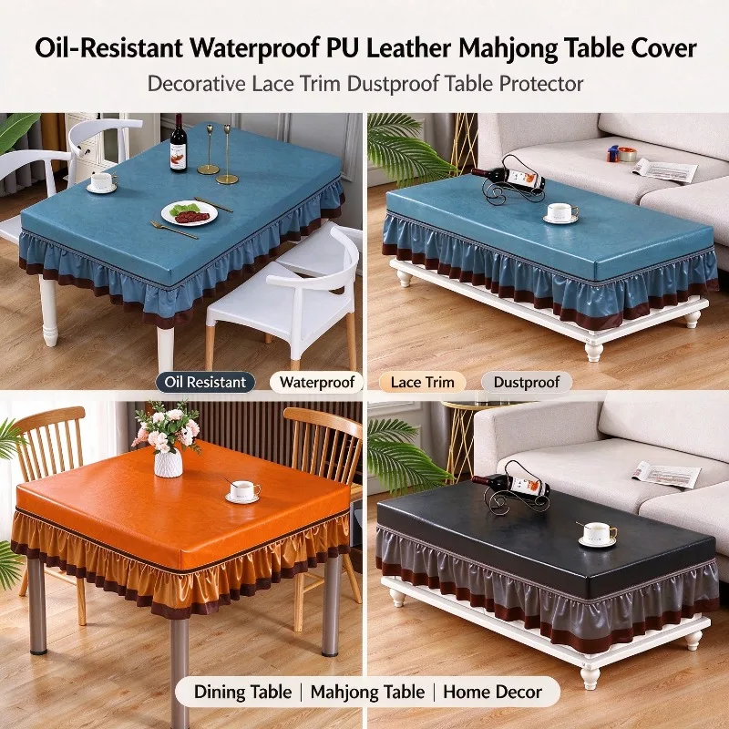 Oil‑Resistant Waterproof PU Leather Mahjong Table Cover Decorative Lace Trim Dustproof Table Protector Dining Table Home Decor