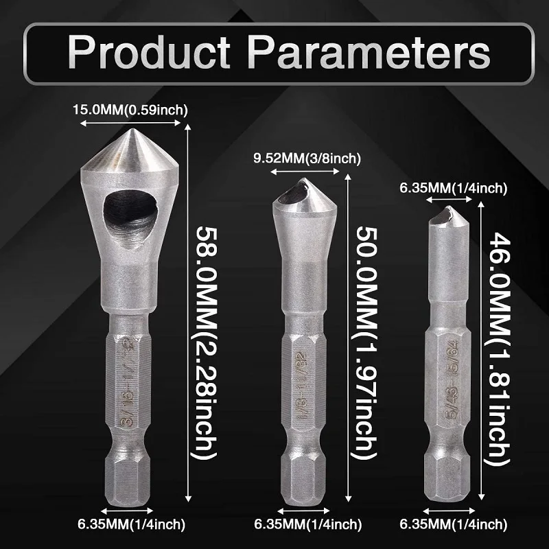 3PCS Deburring Drill Bits  90 Degrees Countersink Bit Tapper Hole Cutter Wood Soft Metal Plastic Chamfer Tools Hand Tools
