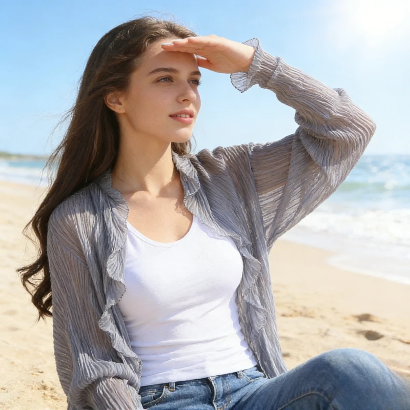 

Summer Ruffled Sun Protection Shawl, Solid Color Scarf, Chiffon Scarf, Women's Driving and Cycling Sun Protection Sleeve Cover