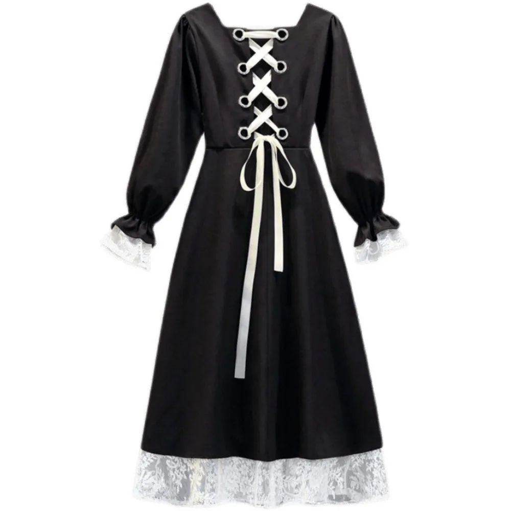 

High Waist Slim Fit Lace Princes Dress A-line Sweet Girls Long Dress Ballet Style Pleated Puff Long Sleeved Dress Ladies