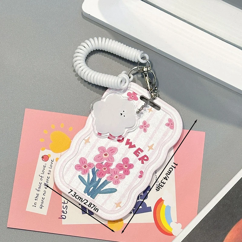 Pink Cute Flowers Photo Card Holder Design Idol Photo Sleeve Anti Lost Keychain Photocards Protector Case Student Meal Card