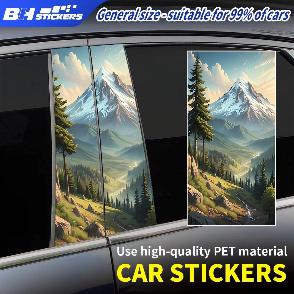 

3D Panoramic Mountain View Car Decal B Pillar Stickers Nature Scenery Waterproof Vinyl Auto Body Wrap External Decoration 2PCS