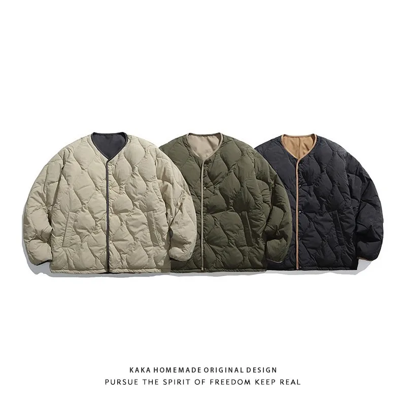 Japanese Collarless Double-sided Workwear Down Jacket Men's Winter Thick Diamond Grid Warm 90 Velvet Cotton Coat Top