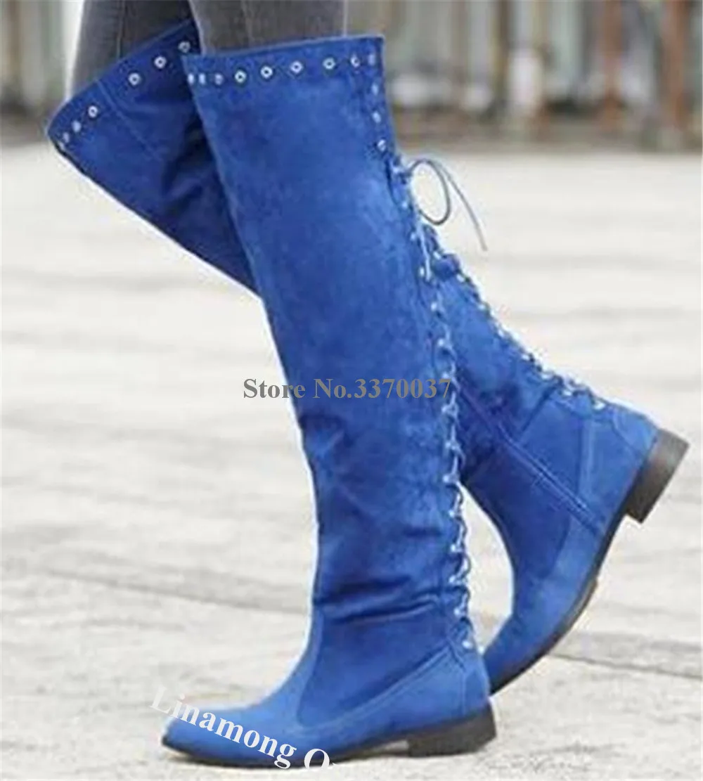 Linamong Suede Flat Long Boots Newest Autumn Winter Round Toe Blue Back Lace-up Knee High Flat Boots Ladies Casual Big Size Boot