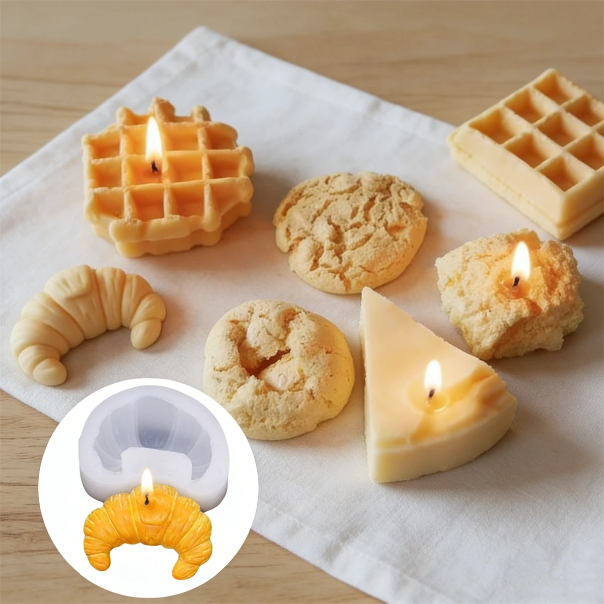 3D Snack-Form Kerzenformen Silikon Croissant Waffel Tiramisu Gießform für DIY Seife Gips Handwerk Dekoration