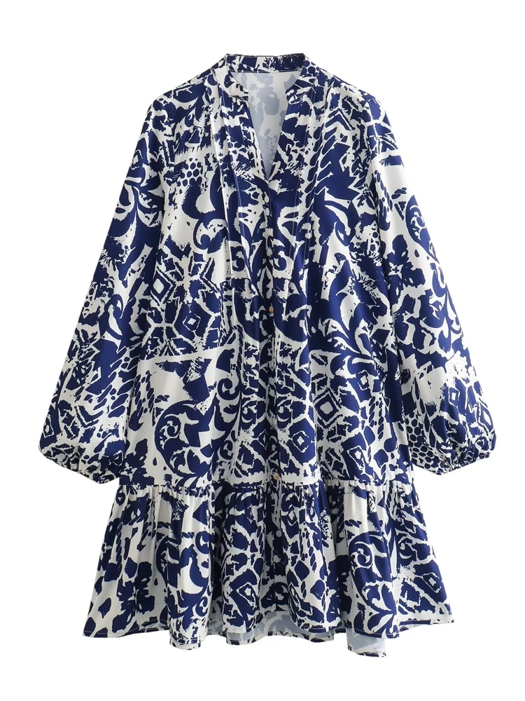 

OUROPEAN ZTATION 2025 Autumn Women Clothing Fashion Top Mini Skirt Trendy Spring Lady Long Sleeve Dress V-Collar Dresses Floral