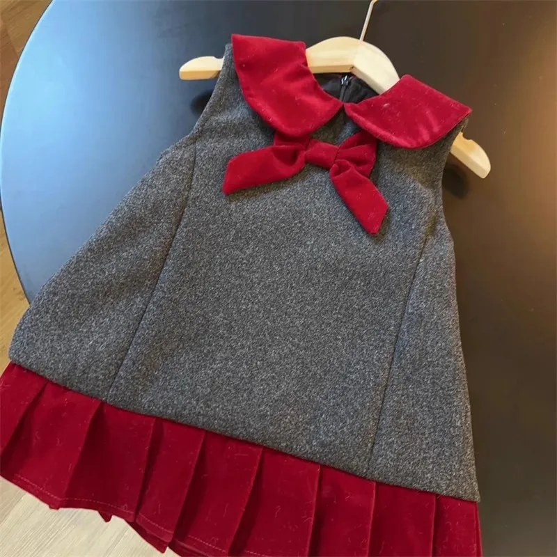 

TOY-Winter New Stylish Girl's Bow Collar Wool Vest Dress Baby Girl Elegant Dress