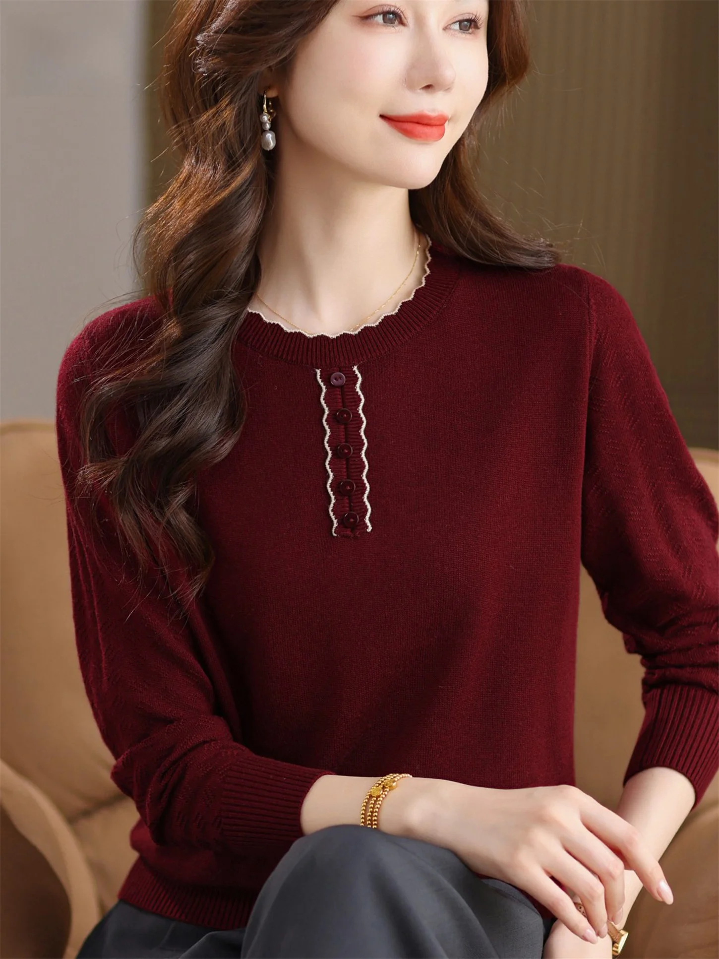 

Свободный вязаный круглый тонкий моющийся топ Ne Base irt для женщин среднего возраста, весна-осень, новая дышащая повседневная одежда