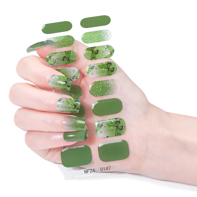 16 Tipsów Błyszczące Półutwardzone Żelowe Paski do Paznokci Świecące Motyle Trwałe Samoprzylepne Żelowe Naklejki na Paznokcie Pełne Pokrycie UV