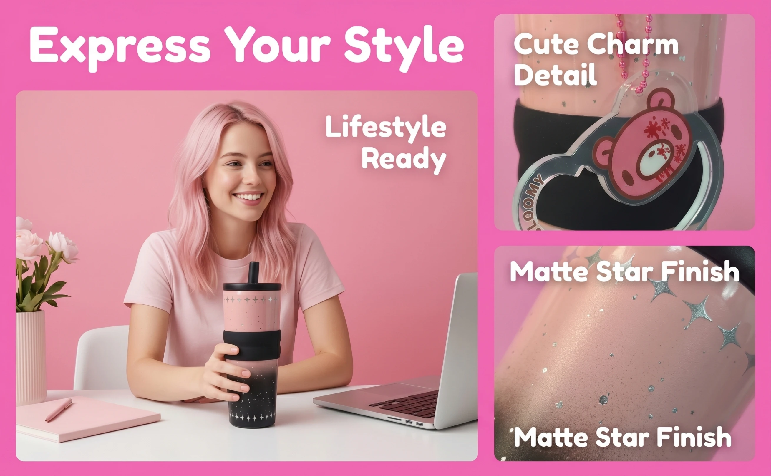 Gradient Starry Tumbler with Cute Bear Decor & Pendant, Insulated Stainless Steel Water Cup with Straw