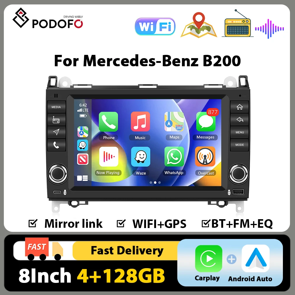 Podofo 8 Zoll IPS 4+128G Wireless CarPlay Autoradio Android Auto WIFI GPS Autoradio für Mercedes-Benz W169 B200 Rückfahrkamera RDS