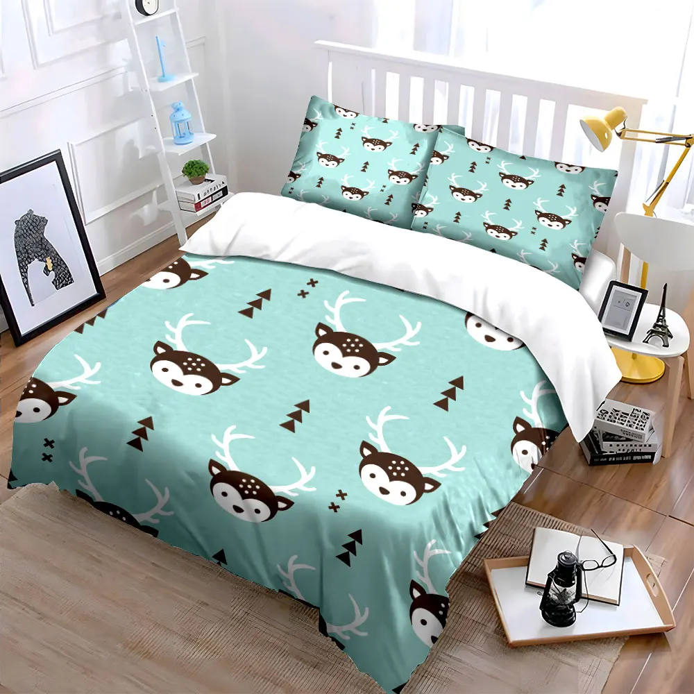 Cartoon deer and tree pattern Bedding Set for Kids Luxury Gift 3pcs Digital Print Comforter Set Soft Comfortable Breathable