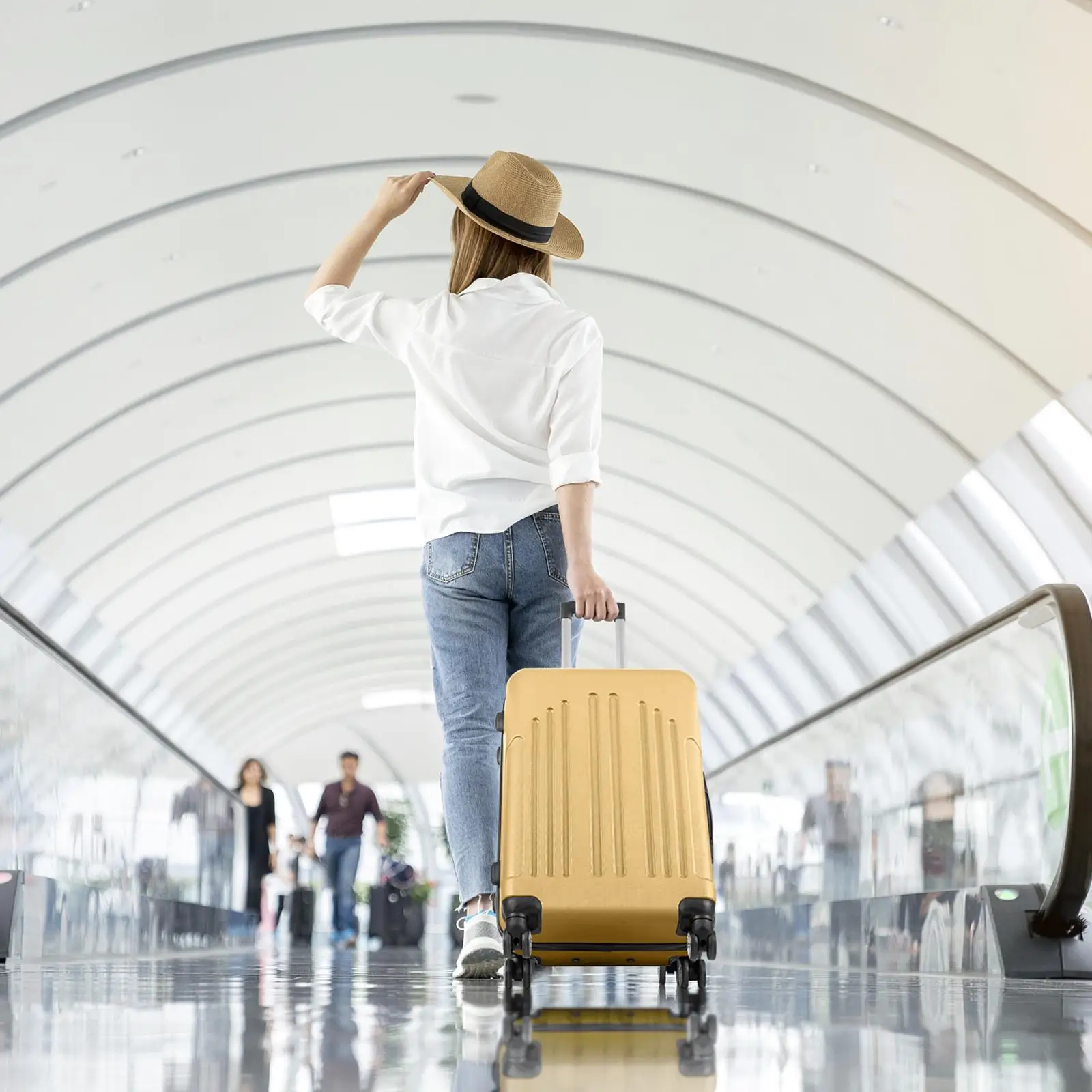 Valise Trolley Courbée à Rayures Verticales, Jaune Moutarde, 4 en 1